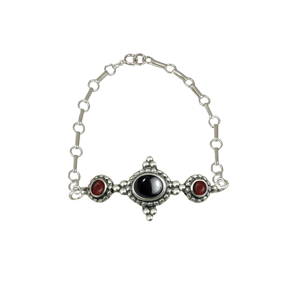 Sterling Silver Gemstone Adjustable Chain Bracelet With Hematite And Red Tiger Eye